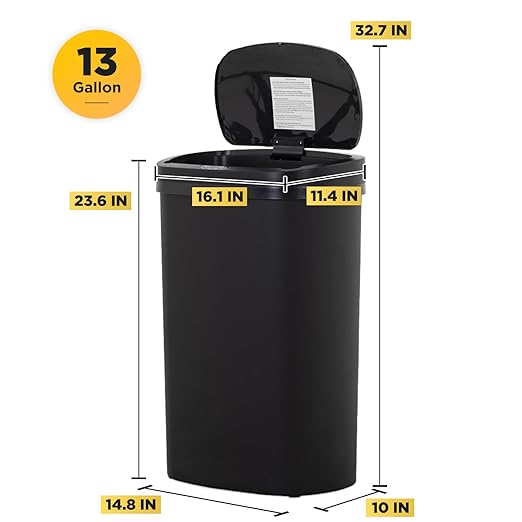 BestOffice | 13 Gallon Plastic Trash Can with Lid | Dark Black | Automatic Touchless Garbage Can | Odor Control | Modern Oval Design | Easy to Clean | Fits Any Kitchen, Bathroom, Office or Home