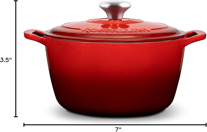 Signature Enameled Cast Iron Dutch Oven, Non-Stick Serving Pot with Tight Fitting Lid for Perfect Roasting, Baking, Sauteing, and Bread Making | 2Q (1.9L) - Red