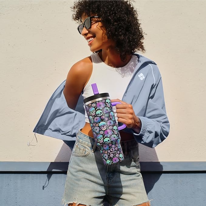 ENCOOL 40 oz Tumbler with Handle and Straw: Stainless Steel Insulated Tumbler Keeps Cold for 24 Hours, Leakproof Travel Cup Fits in Cup Holder and BPA-Free, Floral Afterlife