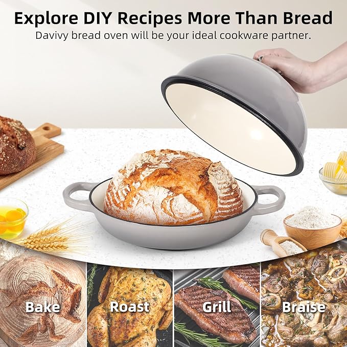 Davivy 5.5QT Cast Iron Dutch Oven with Lid, Bread Dutch Oven for Sourdough Bread, 10" Round Sourdough Bread Baking Pan, Enameled Cast Iron Bread Oven - Light Grey