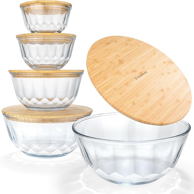 Large Stackable Set of 5 Nesting Glass Bowls with Bamboo Lids for Foodprep, Storage, Baking, Sourdough Mixing & Cooking. Microwave & Oven Safe Heat Resistant Inert Borosilicate Glass