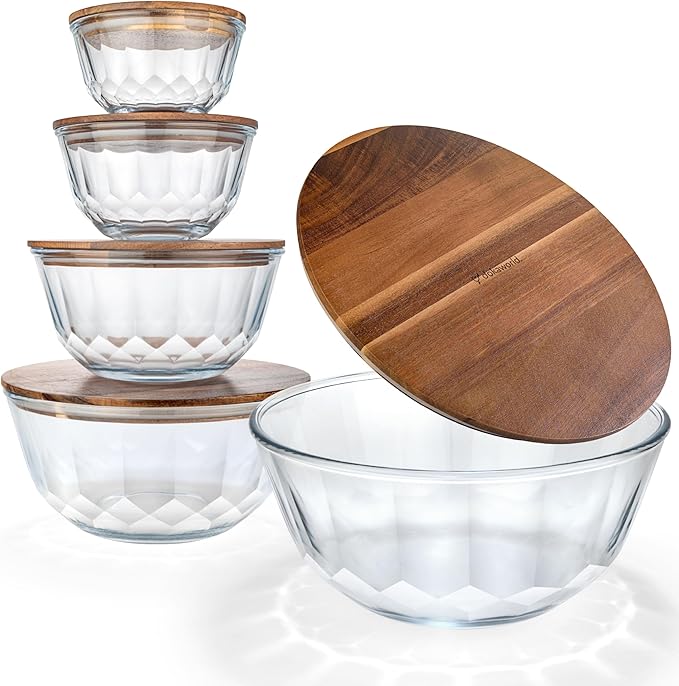 Large Stackable Set of 5 Nesting Glass Bowls with Acacia Lids for Foodprep, Storage, Baking, Sourdough Mixing & Cooking. Microwave & Oven Safe Heat Resistant Inert Borosilicate Glass