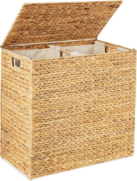 Best Choice Products Large Double Laundry Hamper with Lid Natural Handwoven Water Hyacinth 2 Sections — Objet Kitchen