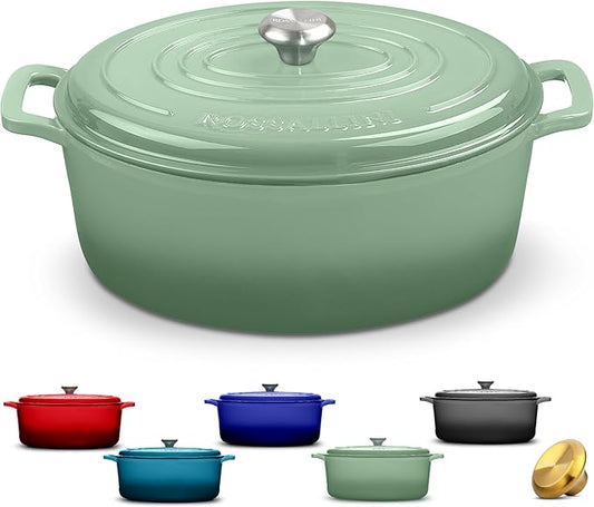 Signature Enameled Cast Iron Oval Dutch Oven | Non-Stick Serving Pot with Tight Fitting Lid for Perfect Roasting, Baking, Sauteing, and Bread Making | 9.5Q [Sage]