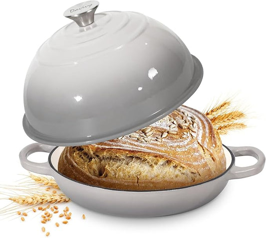 Davivy 5.5QT Cast Iron Dutch Oven with Lid, Bread Dutch Oven for Sourdough Bread, 10" Round Sourdough Bread Baking Pan, Enameled Cast Iron Bread Oven - Light Grey