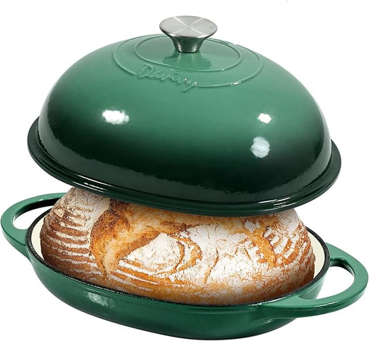Davivy 6QT Oval Bread Dutch Oven with Domed Lid, Enameled Cast Iron Dutch Oven for Sourdough Bread Baking 6QT, Oval Cast Iron Sourdough Bread Pan with Lid - Forest Green