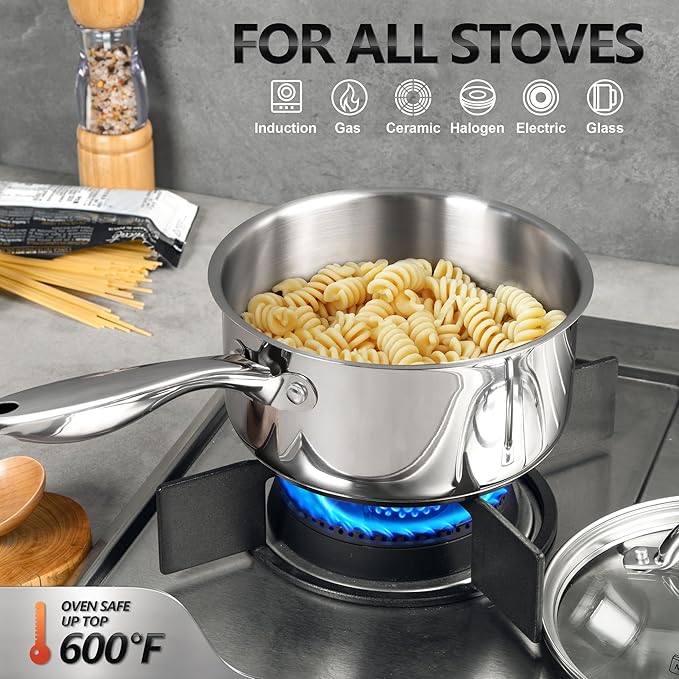MICHELANGELO 1.5 QT Saucepan with Lid, 18/10 Stainless Steel Sauce Pan with Tri-Ply Bottom, Small Saucepan 1.5 Quart Sauce Pot, Induction Compatible